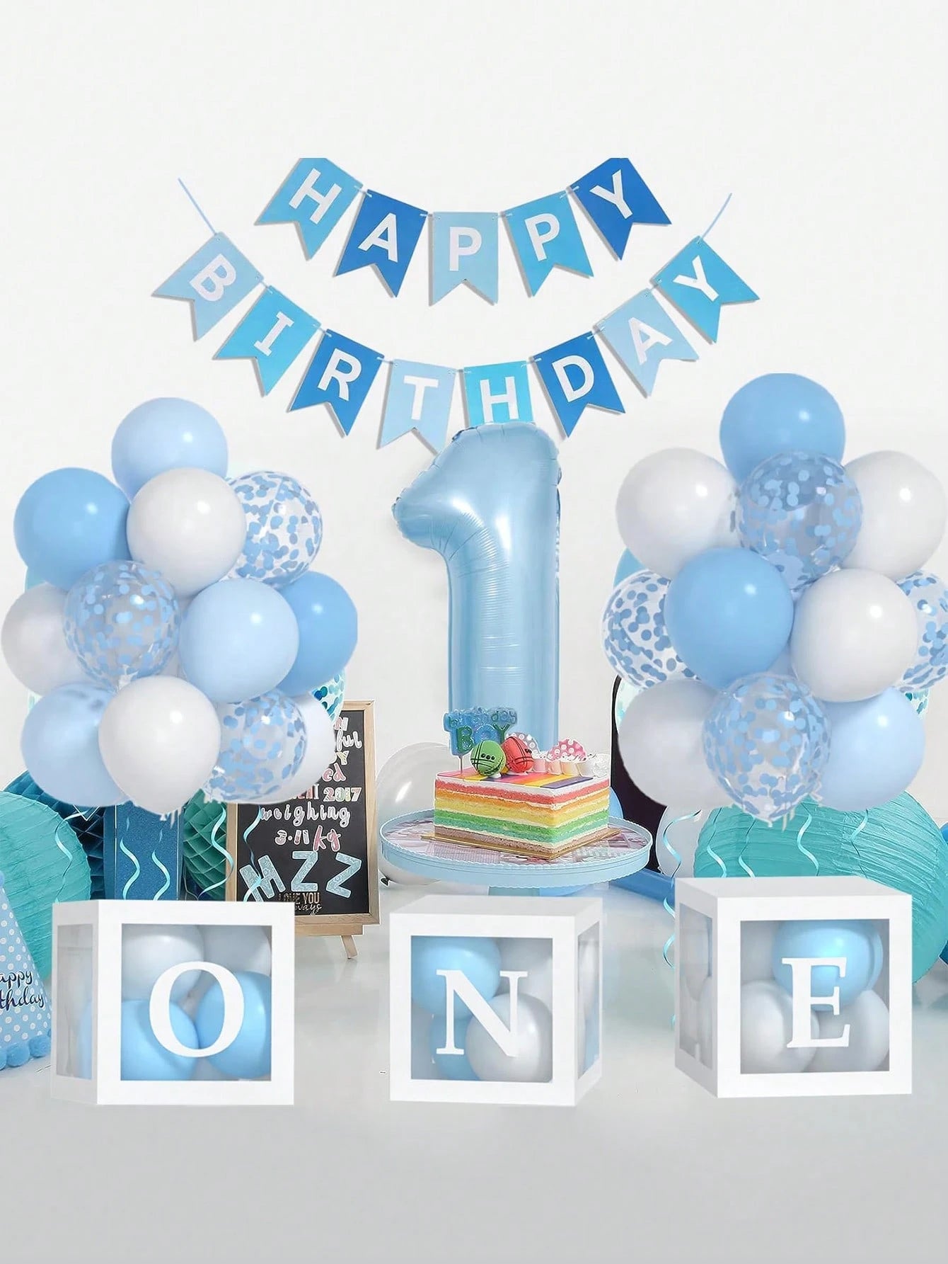 54pcs/Set First Birthday Decorations For Boy And Girl-40 Inch Blue 1 Number, Baby Blue,Pink,Green,White Balloons, Happy Birthday Balloons And One Balloon Boxes For Kids One Year Old Birthday Decoratio