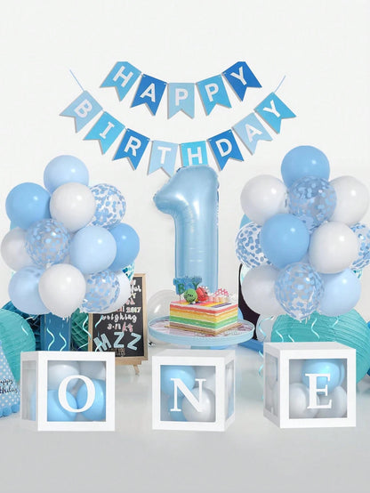 54pcs/Set First Birthday Decorations For Boy And Girl-40 Inch Blue 1 Number, Baby Blue,Pink,Green,White Balloons, Happy Birthday Balloons And One Balloon Boxes For Kids One Year Old Birthday Decoratio