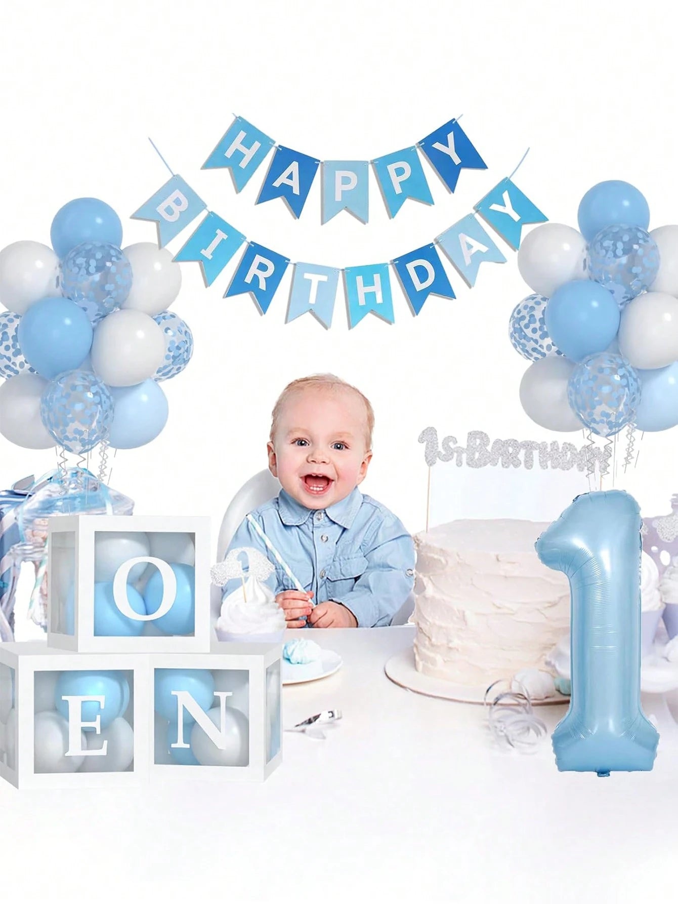 54pcs/Set First Birthday Decorations For Boy And Girl-40 Inch Blue 1 Number, Baby Blue,Pink,Green,White Balloons, Happy Birthday Balloons And One Balloon Boxes For Kids One Year Old Birthday Decoratio