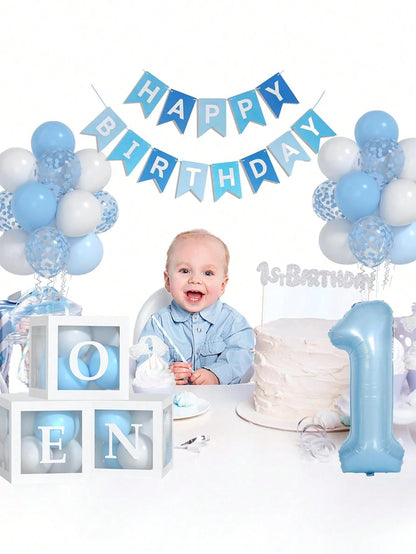 54pcs/Set First Birthday Decorations For Boy And Girl-40 Inch Blue 1 Number, Baby Blue,Pink,Green,White Balloons, Happy Birthday Balloons And One Balloon Boxes For Kids One Year Old Birthday Decoratio