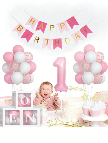 54pcs/Set First Birthday Decorations For Boy And Girl-40 Inch Blue 1 Number, Baby Blue,Pink,Green,White Balloons, Happy Birthday Balloons And One Balloon Boxes For Kids One Year Old Birthday Decoratio