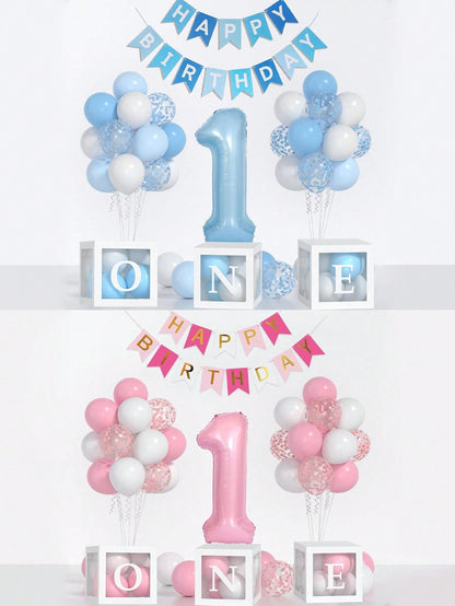 54pcs/Set First Birthday Decorations For Boy And Girl-40 Inch Blue 1 Number, Baby Blue,Pink,Green,White Balloons, Happy Birthday Balloons And One Balloon Boxes For Kids One Year Old Birthday Decoratio