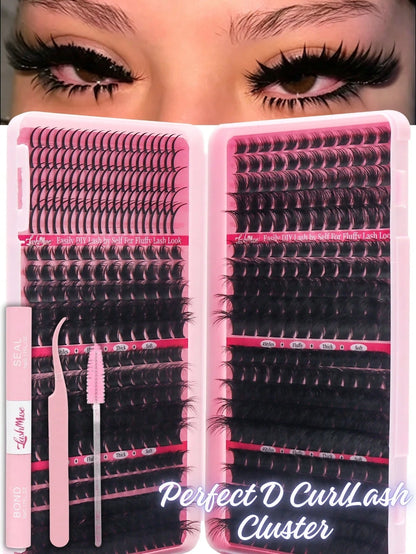 550PCS Mixed DIY Lash Extension Kit, D-Curl Cat Eye Faux Mink Individual Lash Clusters, 0.31–0.63inch Mixed Length,Reusable & Soft, Includes Lash Glue, Tweezers, DIY At Home, Wedding, Birthday, Gradua