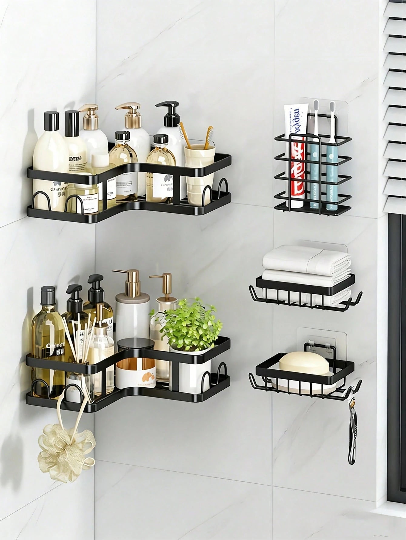5pcs Bathroom Shelf Organizer Set, Wall Mounted & Countertop Storage Rack, Multifunctional No Drill Shelves For Toilet, Cosmetic, Bathroom Accessories