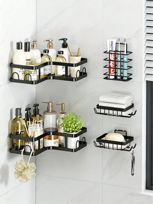 5pcs Bathroom Shelf Organizer Set, Wall Mounted & Countertop Storage Rack, Multifunctional No Drill Shelves For Toilet, Cosmetic, Bathroom Accessories