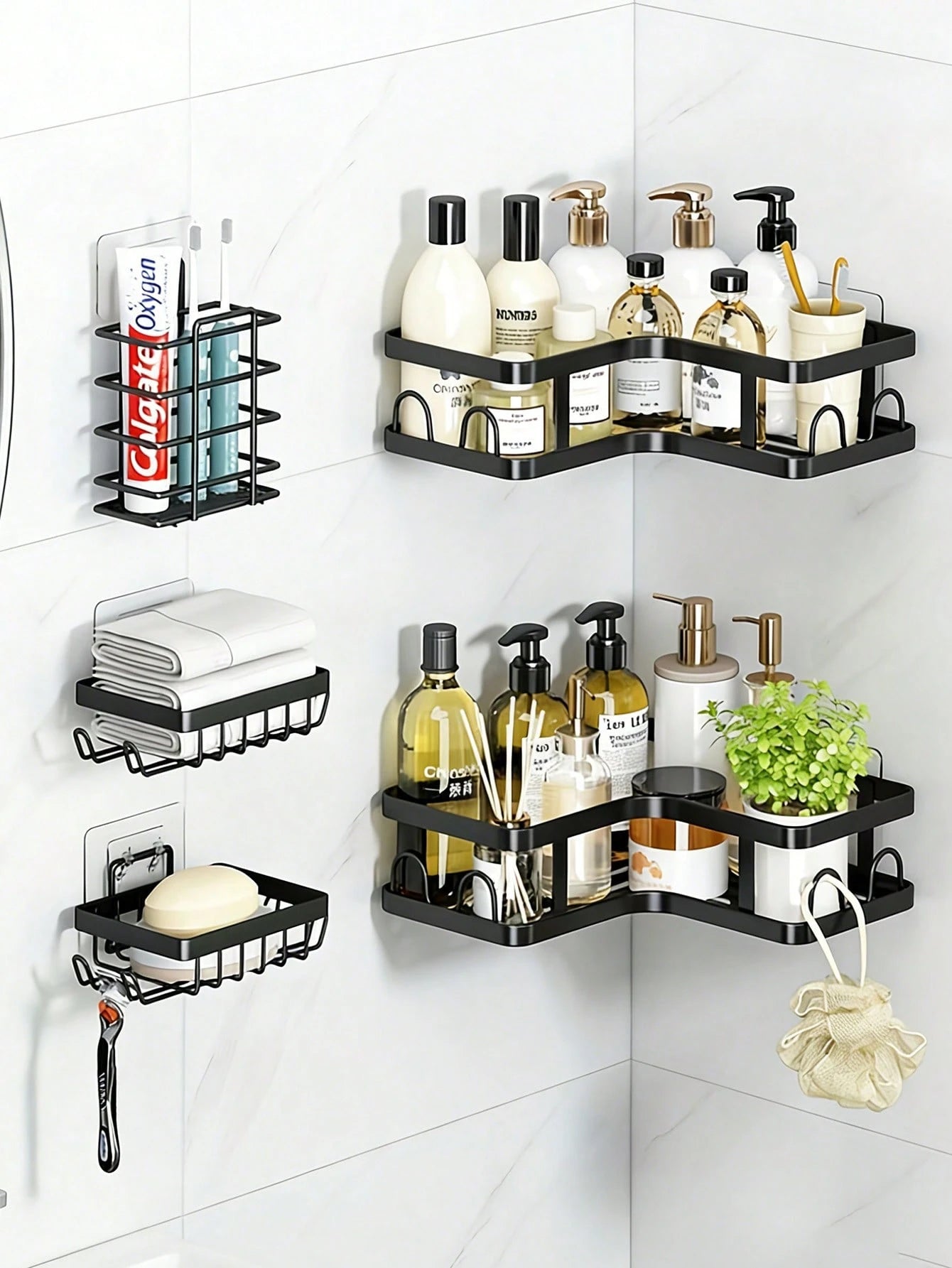 5pcs Bathroom Shelf Organizer Set, Wall Mounted & Countertop Storage Rack, Multifunctional No Drill Shelves For Toilet, Cosmetic, Bathroom Accessories