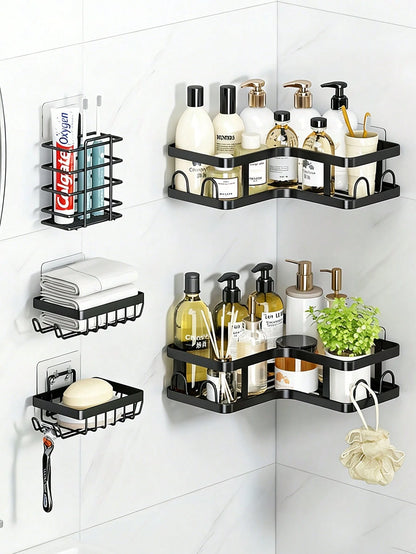 5pcs Bathroom Shelf Organizer Set, Wall Mounted & Countertop Storage Rack, Multifunctional No Drill Shelves For Toilet, Cosmetic, Bathroom Accessories