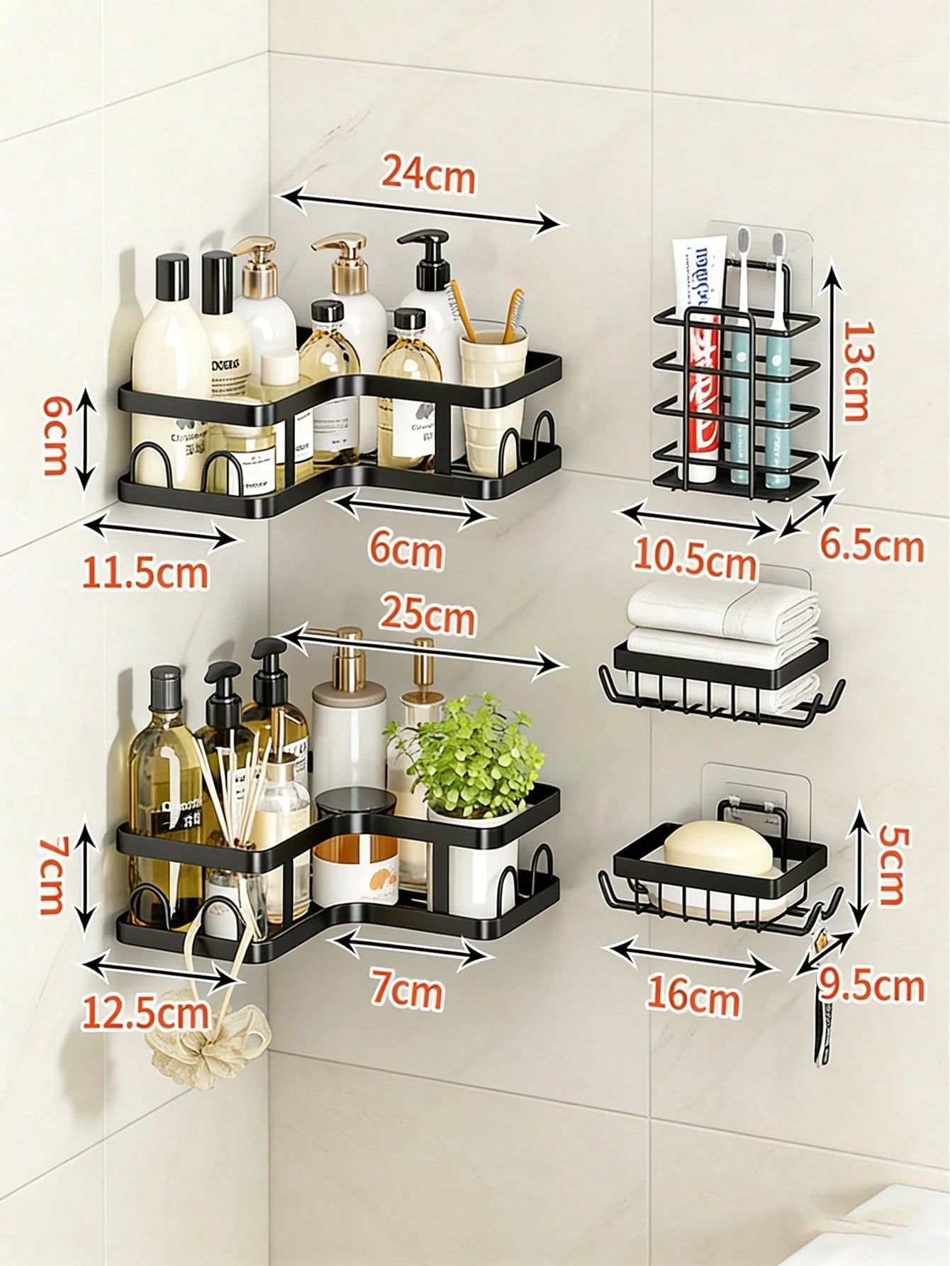 5pcs Bathroom Shelf Organizer Set, Wall Mounted & Countertop Storage Rack, Multifunctional No Drill Shelves For Toilet, Cosmetic, Bathroom Accessories