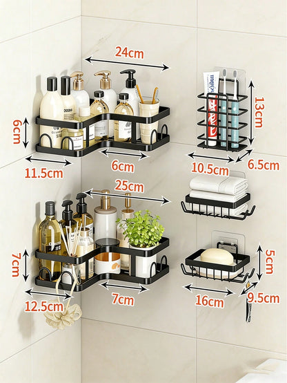 5pcs Bathroom Shelf Organizer Set, Wall Mounted & Countertop Storage Rack, Multifunctional No Drill Shelves For Toilet, Cosmetic, Bathroom Accessories