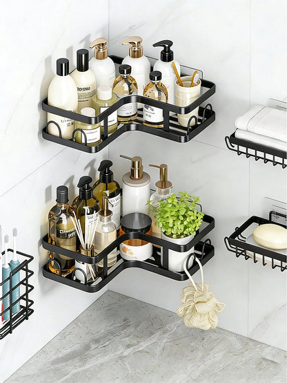 5pcs Bathroom Shelf Organizer Set, Wall Mounted & Countertop Storage Rack, Multifunctional No Drill Shelves For Toilet, Cosmetic, Bathroom Accessories