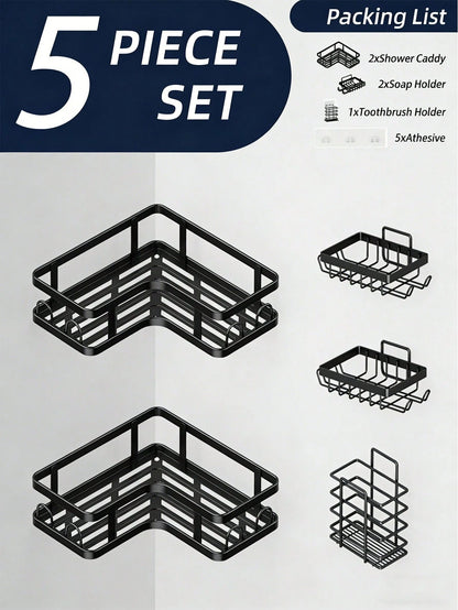 5pcs Bathroom Shelf Organizer Set, Wall Mounted & Countertop Storage Rack, Multifunctional No Drill Shelves For Toilet, Cosmetic, Bathroom Accessories