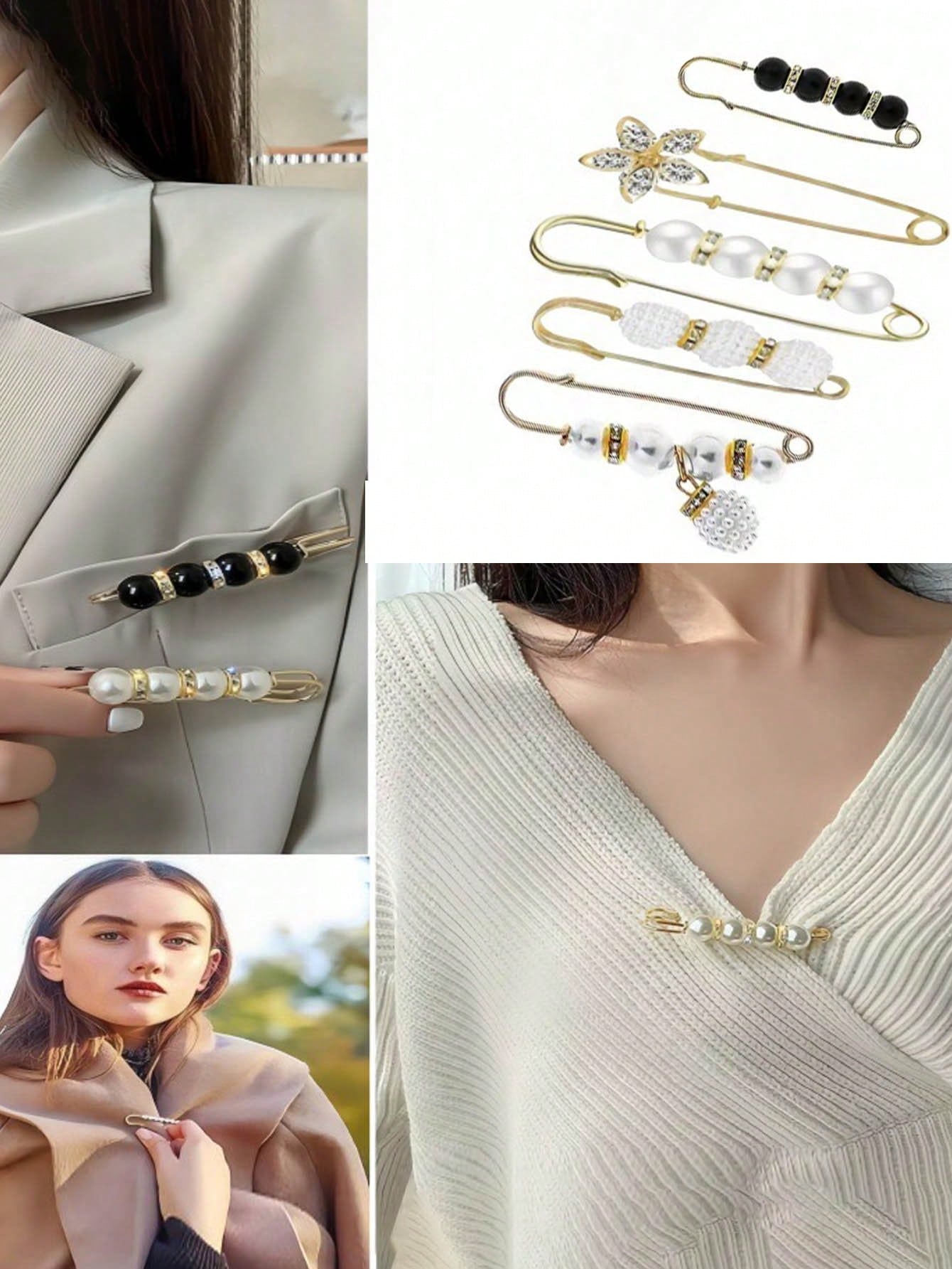 5pcs Faux Pearl Fashion Versatile Safety Pins Suitable For Clothes And Pants