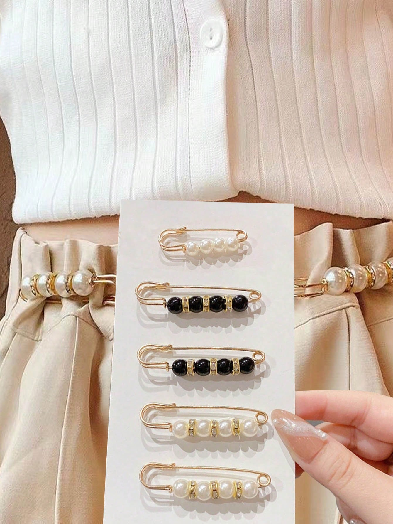 5pcs Faux Pearl Fashion Versatile Safety Pins Suitable For Clothes And Pants