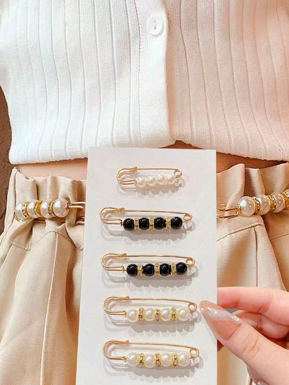 5pcs Faux Pearl Fashion Versatile Safety Pins Suitable For Clothes And Pants