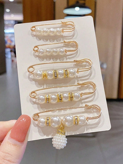5pcs Faux Pearl Fashion Versatile Safety Pins Suitable For Clothes And Pants