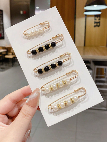 5pcs Faux Pearl Fashion Versatile Safety Pins Suitable For Clothes And Pants