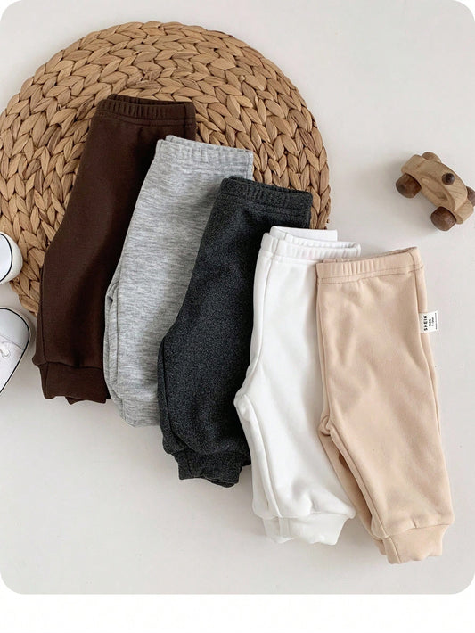 5pcs Newborn Baby Boy/Girl Casual Solid Color Elastic Waist Pants, Autumn/Winter Fall