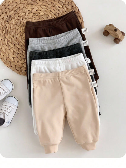 5pcs Newborn Baby Boy/Girl Casual Solid Color Elastic Waist Pants, Autumn/Winter Fall