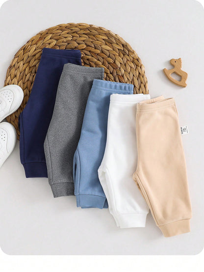 5pcs Newborn Baby Boy/Girl Casual Solid Color Elastic Waist Pants, Autumn/Winter Fall