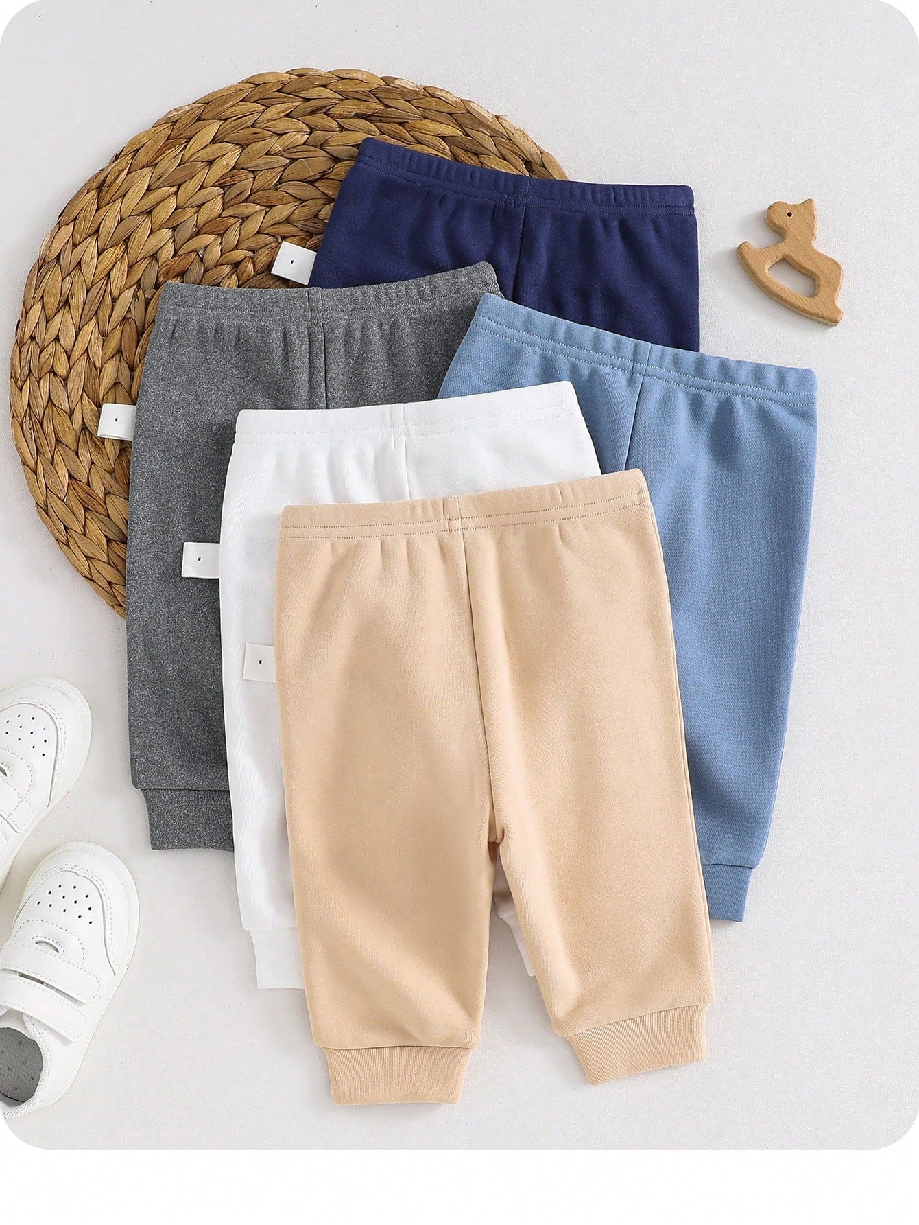 5pcs Newborn Baby Boy/Girl Casual Solid Color Elastic Waist Pants, Autumn/Winter Fall