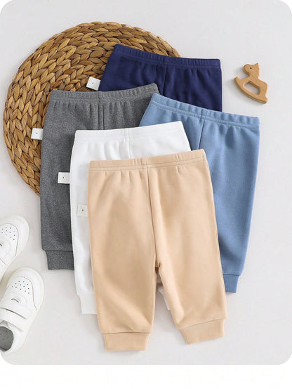 5pcs Newborn Baby Boy/Girl Casual Solid Color Elastic Waist Pants, Autumn/Winter Fall