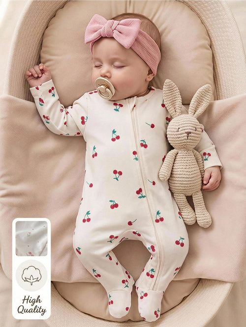 5pcs Randomly Sent 1pc Newborn Baby Girl Jumpsuit Set, White, Deep Purple, Pink, Apricot, Autumn/Winter, Soft Comfortable Thin Jumpsuit, Exquisite Cute Cherry Blossom Floral Print, Casual Minima