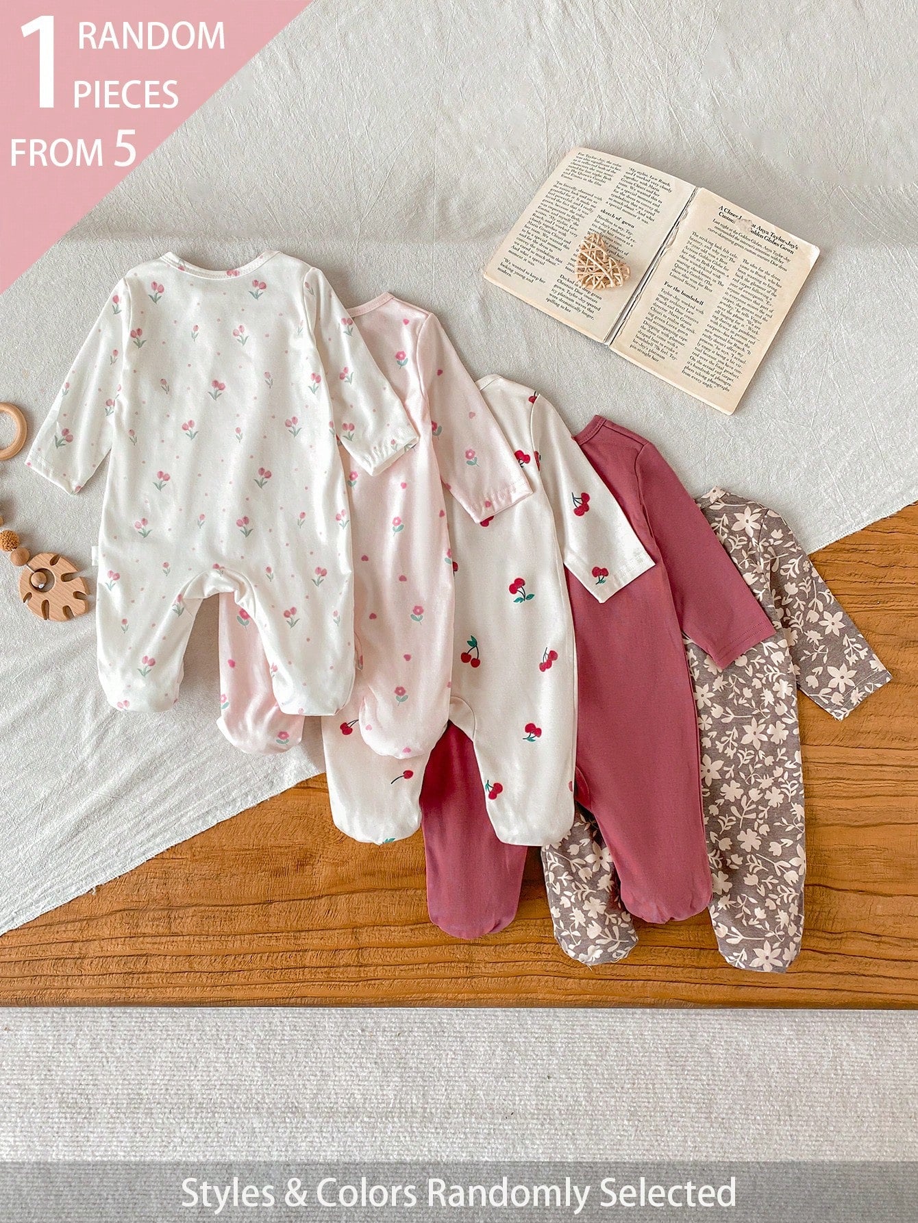 5pcs Randomly Sent 1pc Newborn Baby Girl Jumpsuit Set, White, Deep Purple, Pink, Apricot, Autumn/Winter, Soft Comfortable Thin Jumpsuit, Exquisite Cute Cherry Blossom Floral Print, Casual Minima