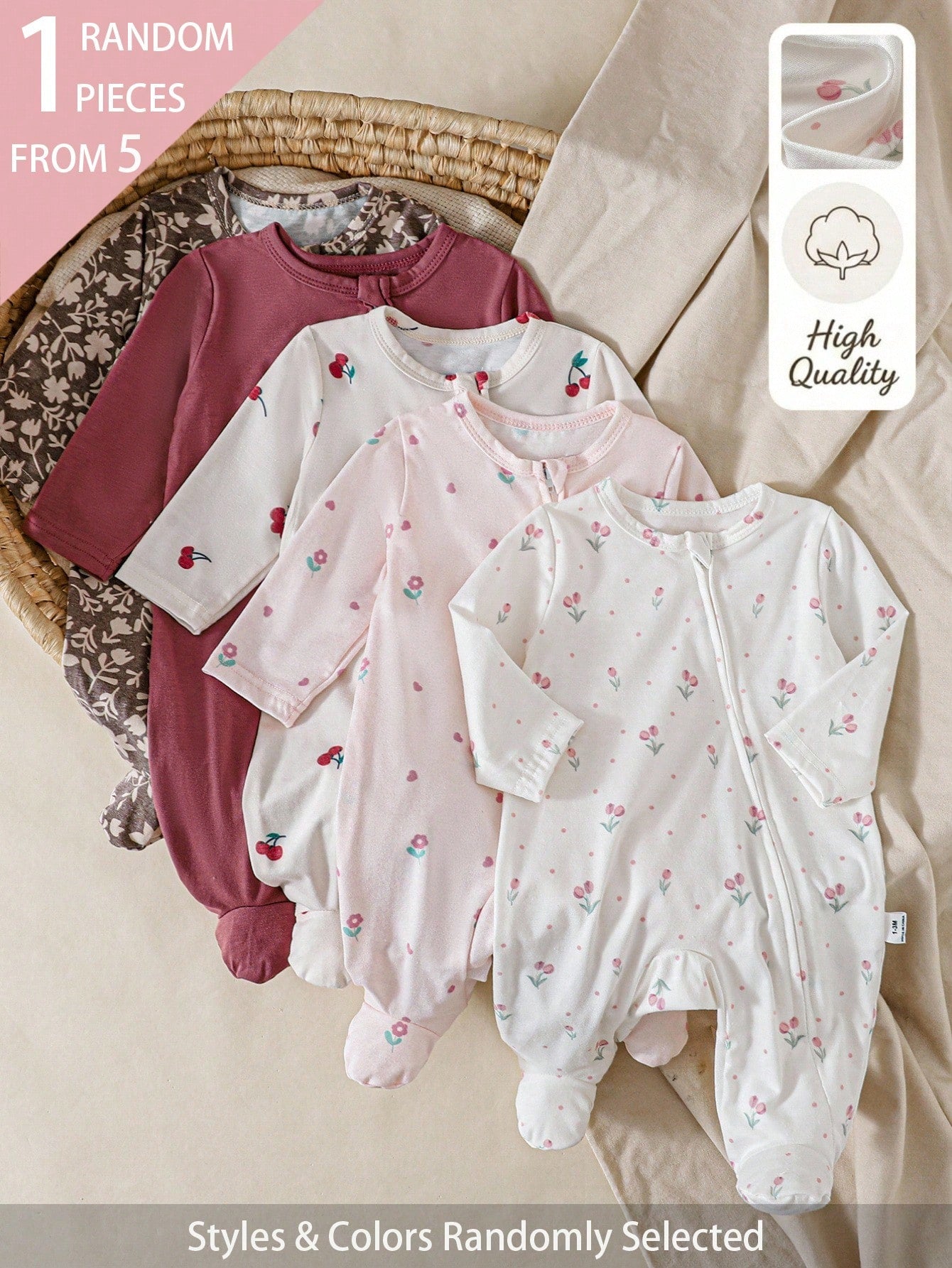 5pcs Randomly Sent 1pc Newborn Baby Girl Jumpsuit Set, White, Deep Purple, Pink, Apricot, Autumn/Winter, Soft Comfortable Thin Jumpsuit, Exquisite Cute Cherry Blossom Floral Print, Casual Minima