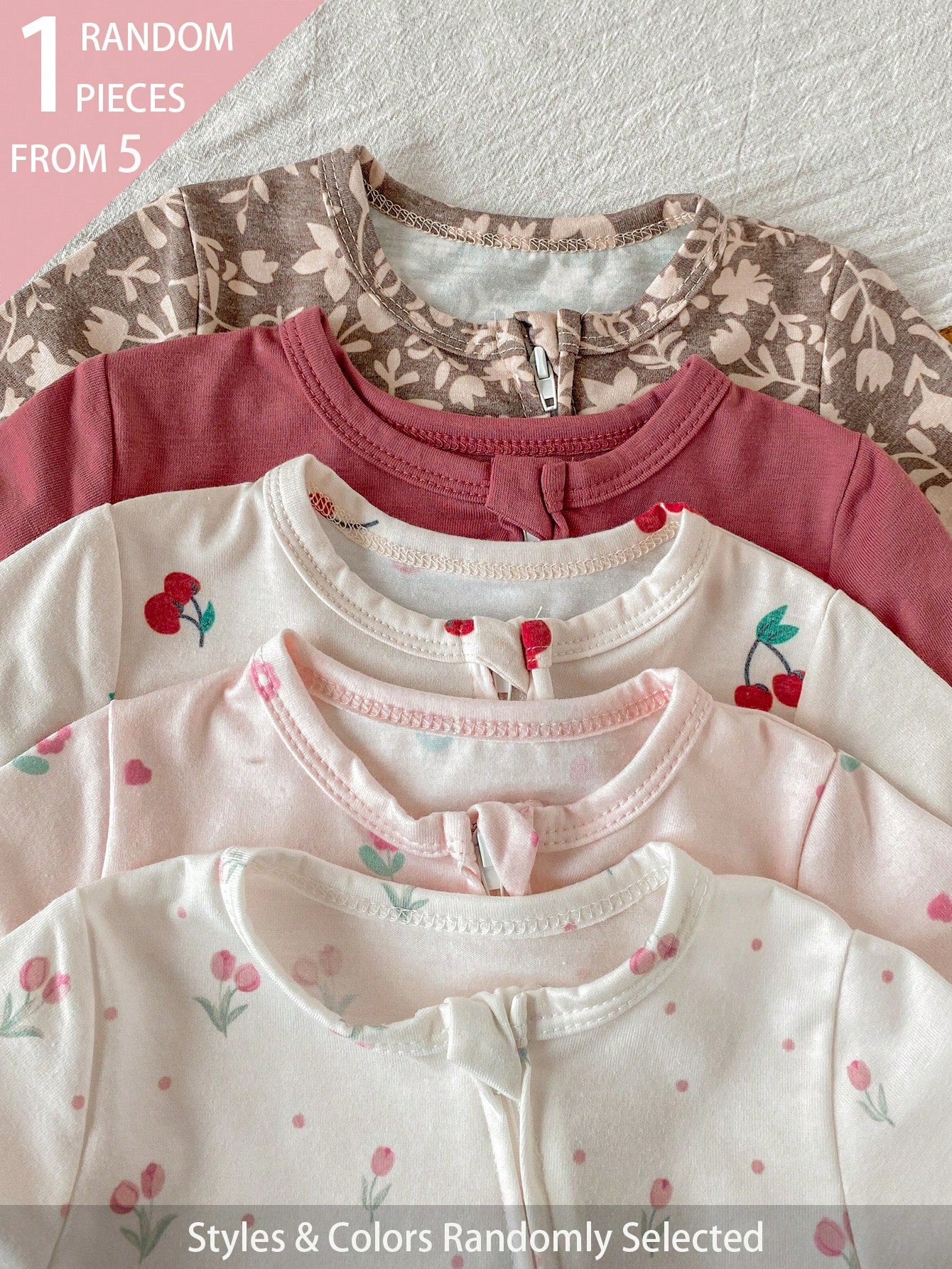 5pcs Randomly Sent 1pc Newborn Baby Girl Jumpsuit Set, White, Deep Purple, Pink, Apricot, Autumn/Winter, Soft Comfortable Thin Jumpsuit, Exquisite Cute Cherry Blossom Floral Print, Casual Minima