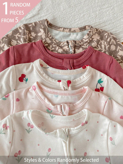 5pcs Randomly Sent 1pc Newborn Baby Girl Jumpsuit Set, White, Deep Purple, Pink, Apricot, Autumn/Winter, Soft Comfortable Thin Jumpsuit, Exquisite Cute Cherry Blossom Floral Print, Casual Minima