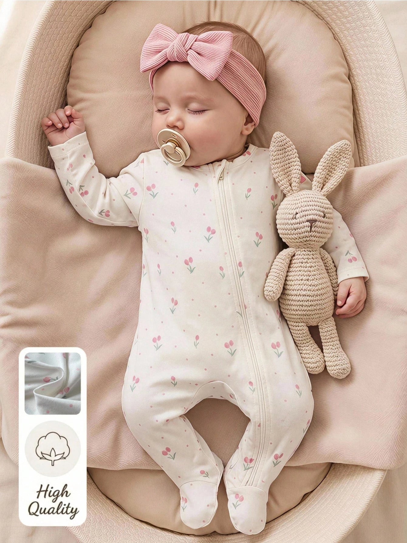 5pcs Randomly Sent 1pc Newborn Baby Girl Jumpsuit Set, White, Deep Purple, Pink, Apricot, Autumn/Winter, Soft Comfortable Thin Jumpsuit, Exquisite Cute Cherry Blossom Floral Print, Casual Minima
