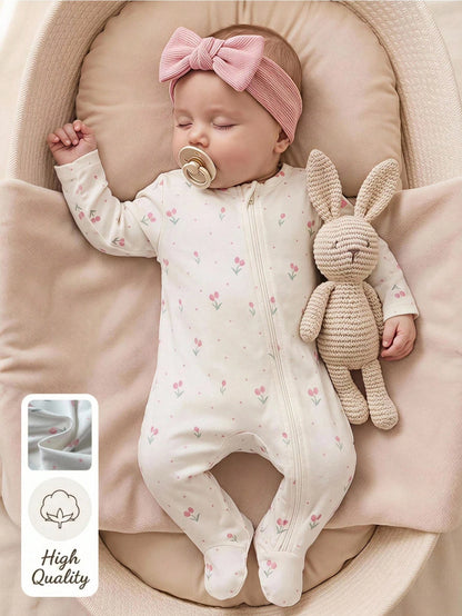 5pcs Randomly Sent 1pc Newborn Baby Girl Jumpsuit Set, White, Deep Purple, Pink, Apricot, Autumn/Winter, Soft Comfortable Thin Jumpsuit, Exquisite Cute Cherry Blossom Floral Print, Casual Minima