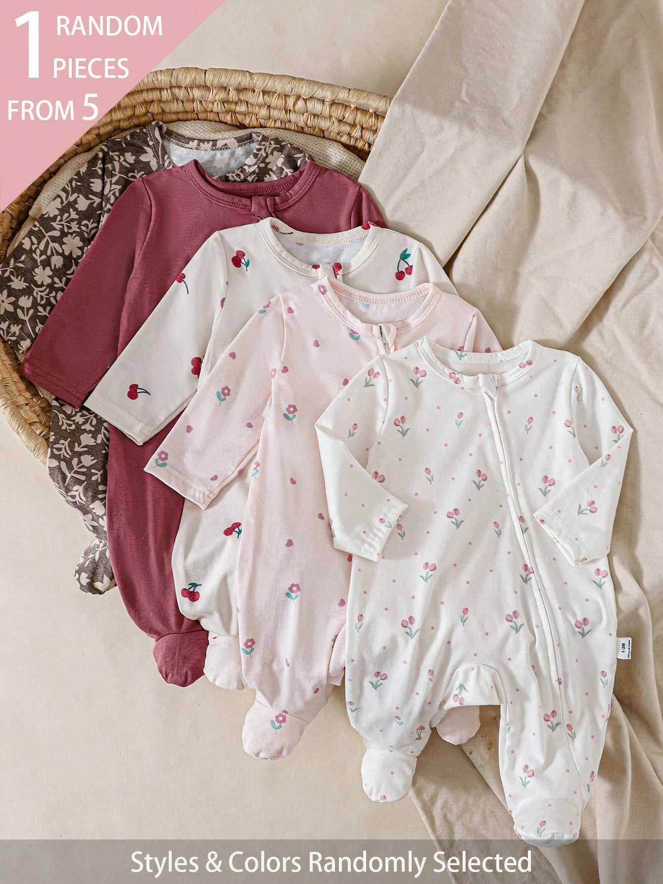 5pcs Randomly Sent 1pc Newborn Baby Girl Jumpsuit Set, White, Deep Purple, Pink, Apricot, Autumn/Winter, Soft Comfortable Thin Jumpsuit, Exquisite Cute Cherry Blossom Floral Print, Casual Minima