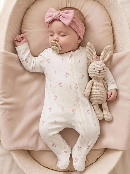 5pcs Randomly Sent 1pc Newborn Baby Girl Jumpsuit Set, White, Deep Purple, Pink, Apricot, Autumn/Winter, Soft Comfortable Thin Jumpsuit, Exquisite Cute Cherry Blossom Floral Print, Casual Minima