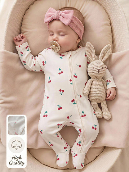 5pcs Randomly Sent 1pc Newborn Baby Girl Jumpsuit Set, White, Deep Purple, Pink, Apricot, Autumn/Winter, Soft Comfortable Thin Jumpsuit, Exquisite Cute Cherry Blossom Floral Print, Casual Minima