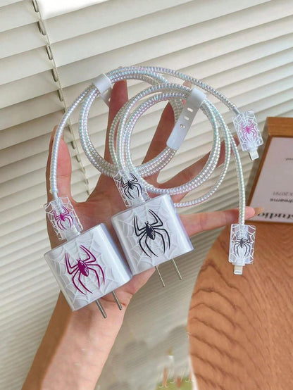 5pcs/Set Halloween Pink/Black Spider 1.5m Laser Wrap Data Cable, Charger Head Protector, Anti-Breakage Cable TPU Wrap Organizer, Compatible With IPhone 12/13/14, Compatible With 20W Fast Charging Cabl
