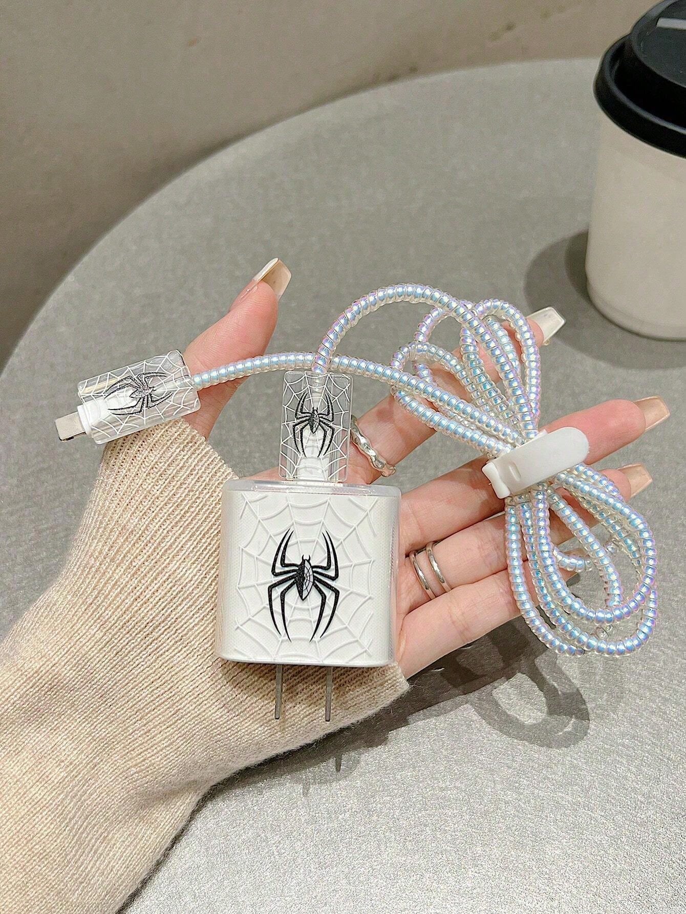 5pcs/Set Halloween Pink/Black Spider 1.5m Laser Wrap Data Cable, Charger Head Protector, Anti-Breakage Cable TPU Wrap Organizer, Compatible With IPhone 12/13/14, Compatible With 20W Fast Charging Cabl