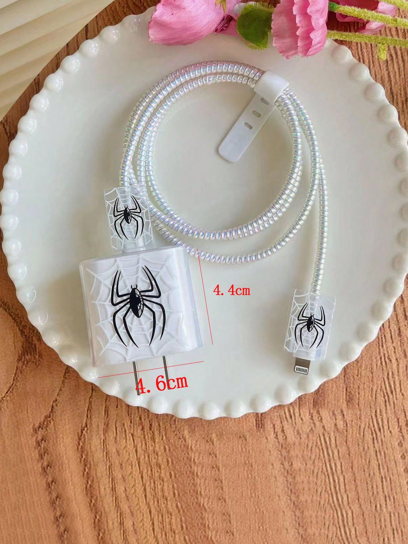 5pcs/Set Halloween Pink/Black Spider 1.5m Laser Wrap Data Cable, Charger Head Protector, Anti-Breakage Cable TPU Wrap Organizer, Compatible With IPhone 12/13/14, Compatible With 20W Fast Charging Cabl