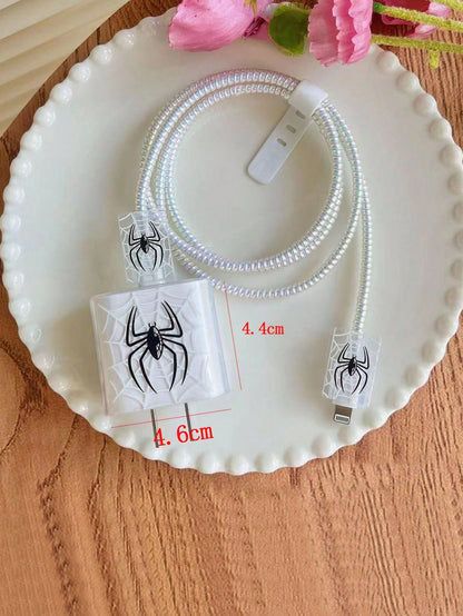 5pcs/Set Halloween Pink/Black Spider 1.5m Laser Wrap Data Cable, Charger Head Protector, Anti-Breakage Cable TPU Wrap Organizer, Compatible With IPhone 12/13/14, Compatible With 20W Fast Charging Cabl