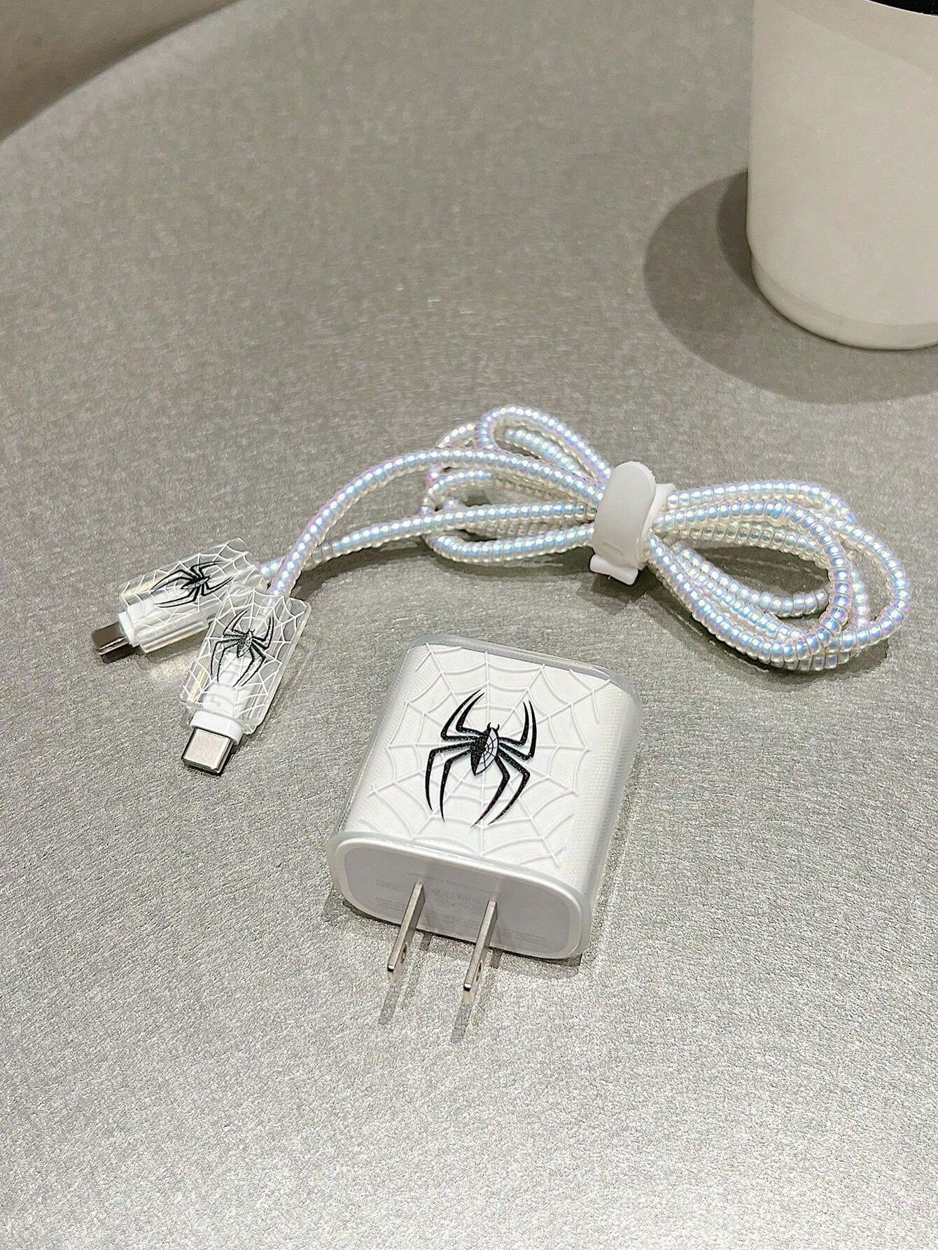 5pcs/Set Halloween Pink/Black Spider 1.5m Laser Wrap Data Cable, Charger Head Protector, Anti-Breakage Cable TPU Wrap Organizer, Compatible With IPhone 12/13/14, Compatible With 20W Fast Charging Cabl