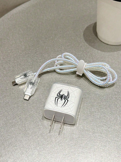 5pcs/Set Halloween Pink/Black Spider 1.5m Laser Wrap Data Cable, Charger Head Protector, Anti-Breakage Cable TPU Wrap Organizer, Compatible With IPhone 12/13/14, Compatible With 20W Fast Charging Cabl
