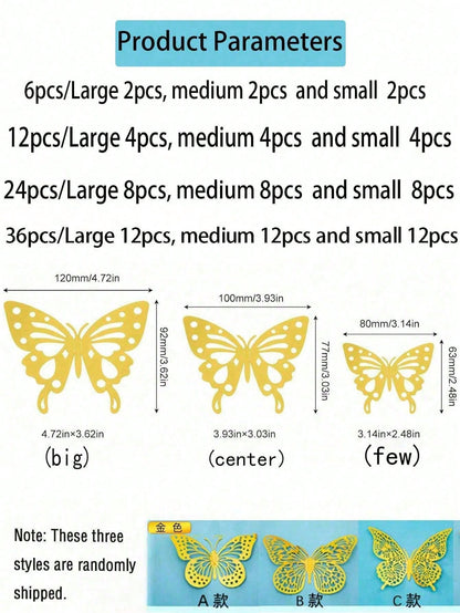 60pcs 3D Butterfly Wall Stickers, 4 Styles, 3 Sizes, Butterfly Birthday Decor, Butterfly Party Decor, Cake Decor, Nursery Decor, Removable Stickers (Gold) Random Style- Paper