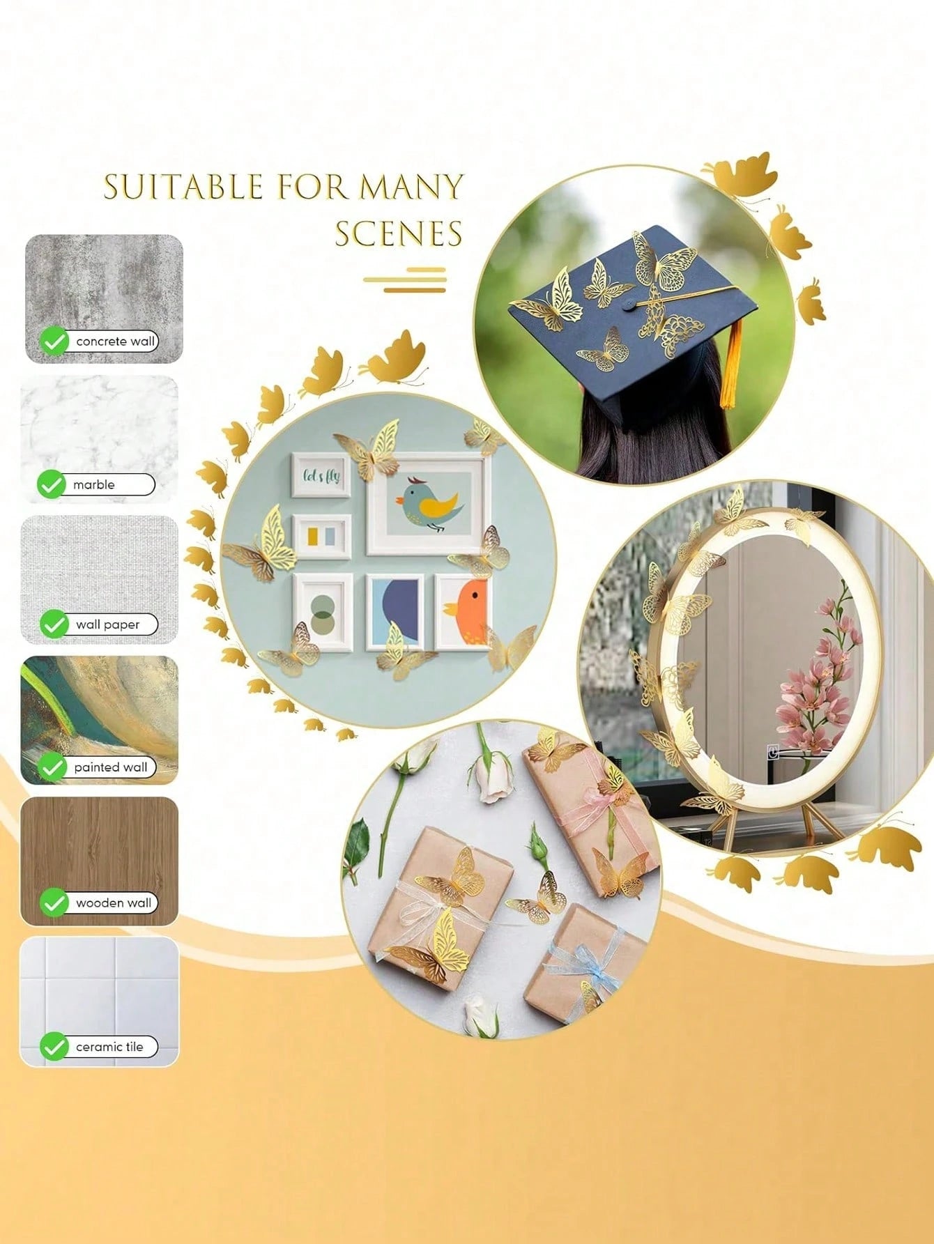 60pcs 3D Butterfly Wall Stickers, 4 Styles, 3 Sizes, Butterfly Birthday Decor, Butterfly Party Decor, Cake Decor, Nursery Decor, Removable Stickers (Gold) Random Style- Paper