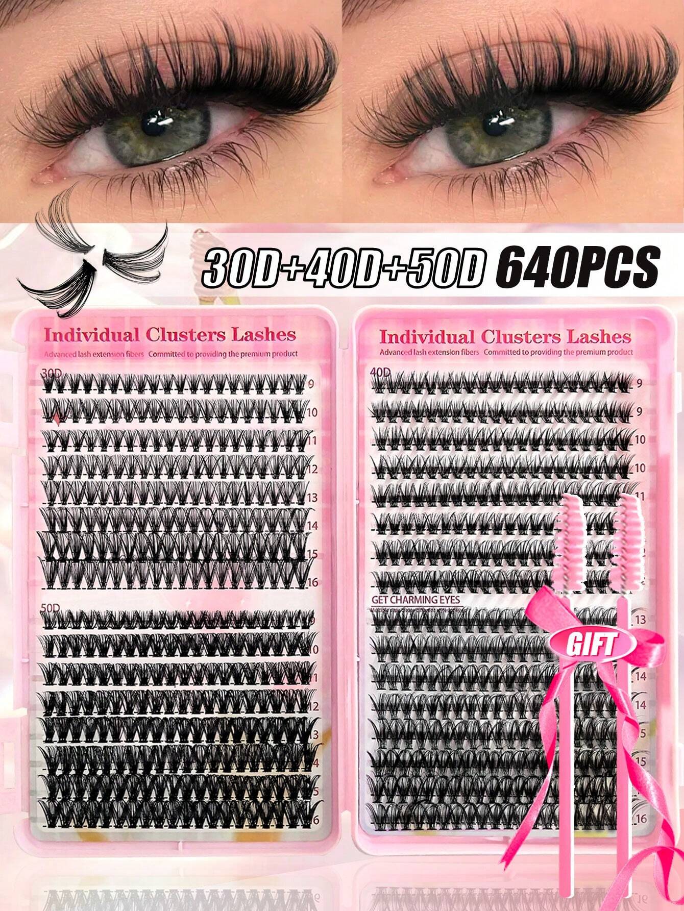640pcs D-Curl Single Cluster False Eyelashes Large Capacity Pack 30D-50D 9-16mm DIY Lash Extension Kit Natural Style Thickened Long Ultra Soft Lightweight Reusable With Makeup Tools 2pcs Lash Brushes
