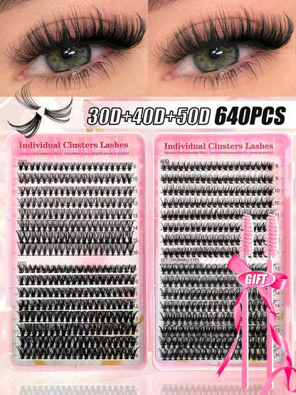 640pcs D-Curl Single Cluster False Eyelashes Large Capacity Pack 30D-50D 9-16mm DIY Lash Extension Kit Natural Style Thickened Long Ultra Soft Lightweight Reusable With Makeup Tools 2pcs Lash Brushes