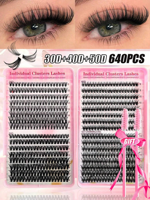 640pcs D-Curl Single Cluster False Eyelashes Large Capacity Pack 30D-50D 9-16mm DIY Lash Extension Kit Natural Style Thickened Long Ultra Soft Lightweight Reusable With Makeup Tools 2pcs Lash Brushes