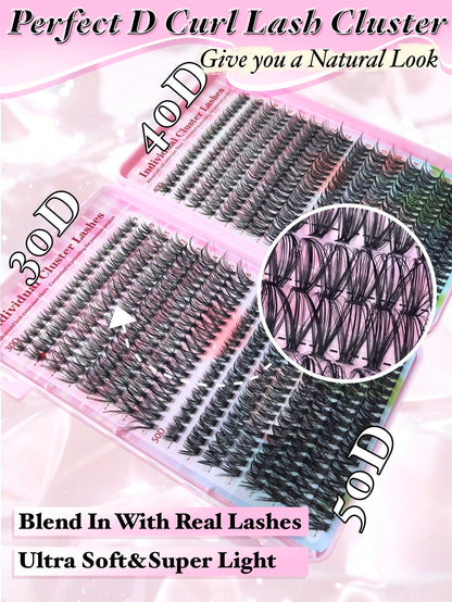 640pcs D-Curl Single Cluster False Eyelashes Large Capacity Pack 30D-50D 9-16mm DIY Lash Extension Kit Natural Style Thickened Long Ultra Soft Lightweight Reusable With Makeup Tools 2pcs Lash Brushes