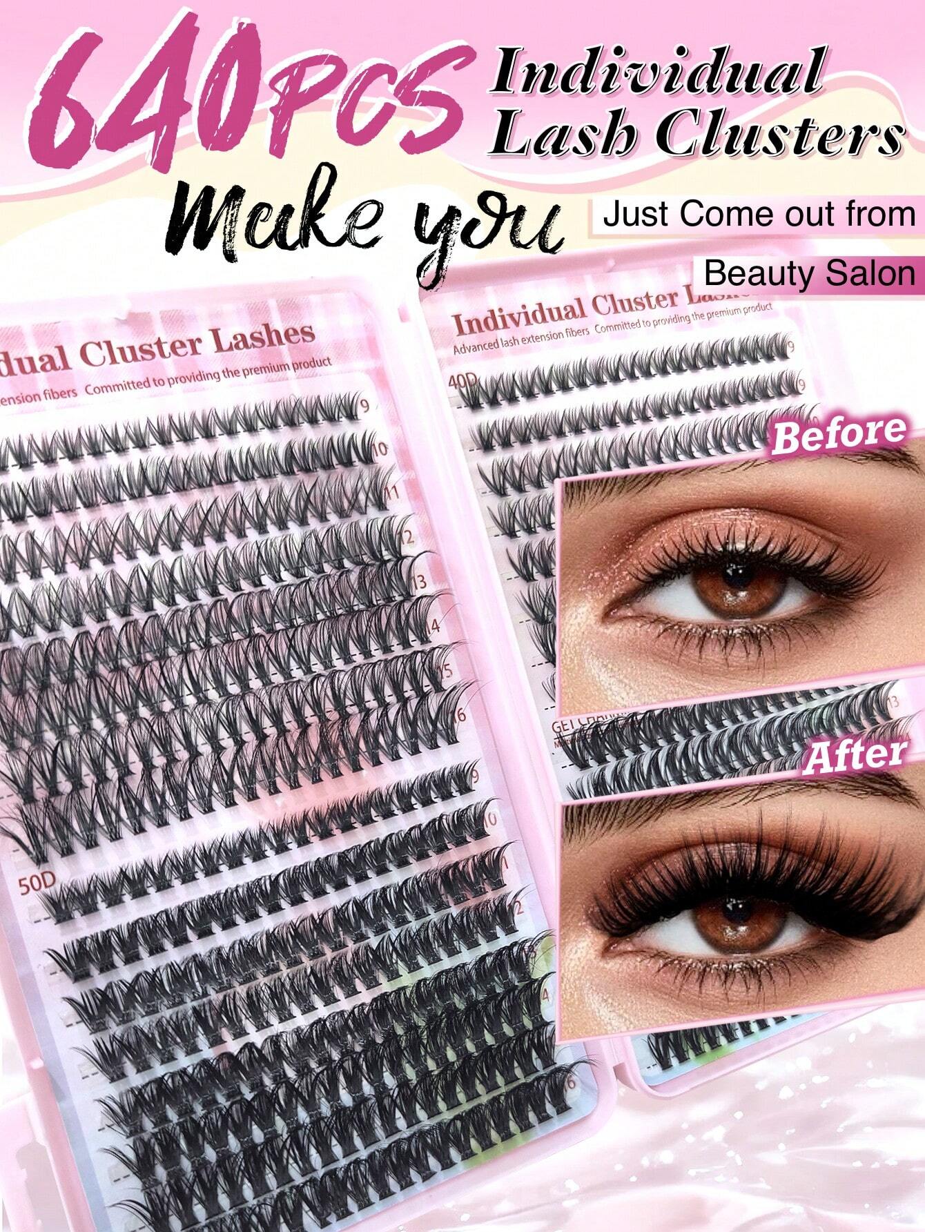 640pcs D-Curl Single Cluster False Eyelashes Large Capacity Pack 30D-50D 9-16mm DIY Lash Extension Kit Natural Style Thickened Long Ultra Soft Lightweight Reusable With Makeup Tools 2pcs Lash Brushes