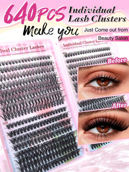 640pcs D-Curl Single Cluster False Eyelashes Large Capacity Pack 30D-50D 9-16mm DIY Lash Extension Kit Natural Style Thickened Long Ultra Soft Lightweight Reusable With Makeup Tools 2pcs Lash Brushes