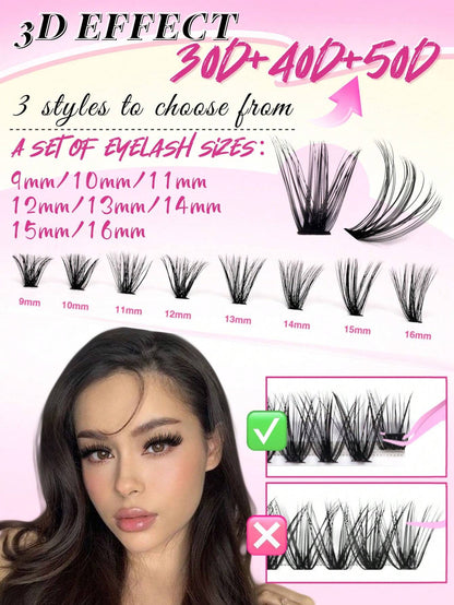 640pcs D-Curl Single Cluster False Eyelashes Large Capacity Pack 30D-50D 9-16mm DIY Lash Extension Kit Natural Style Thickened Long Ultra Soft Lightweight Reusable With Makeup Tools 2pcs Lash Brushes